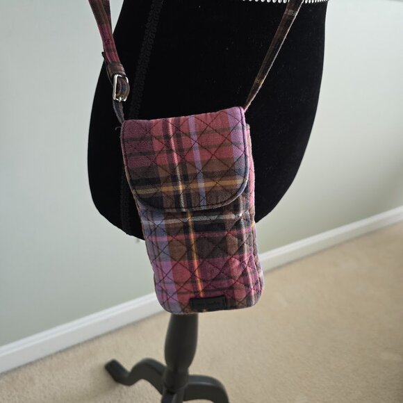 Vera Bradley Carson Cell Phone Crossbody Cozy Plaid Multi & Brown Floral Quilted - Picture 3 of 8